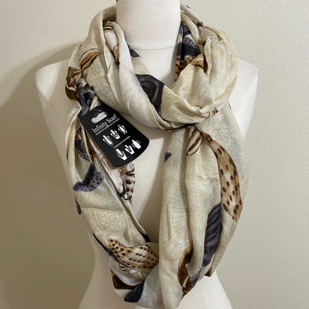 New Seashell Print Infinity Scarf Tan with Gray, Brown Shades Minimalist Coastal - Picture 3 of 7